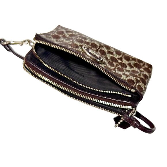 Coach Signature Monogram Double Zipper Wristlet Brown - Picture 3 of 5